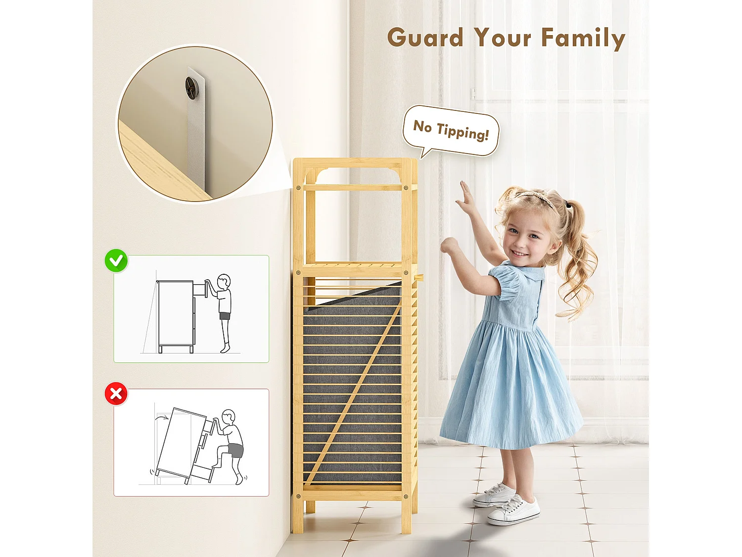 Lopadi Bamboo Laundry Cabinet with Tilt Out Hamper Slatted Door Natural Wood Finish