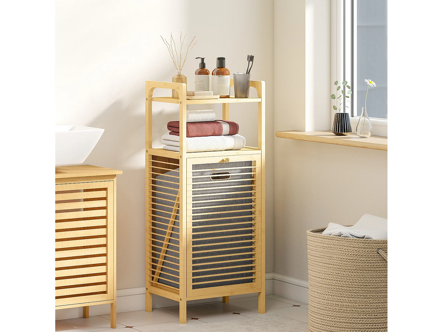 Lopadi Bamboo Laundry Cabinet with Tilt Out Hamper Slatted Door Natural Wood Finish