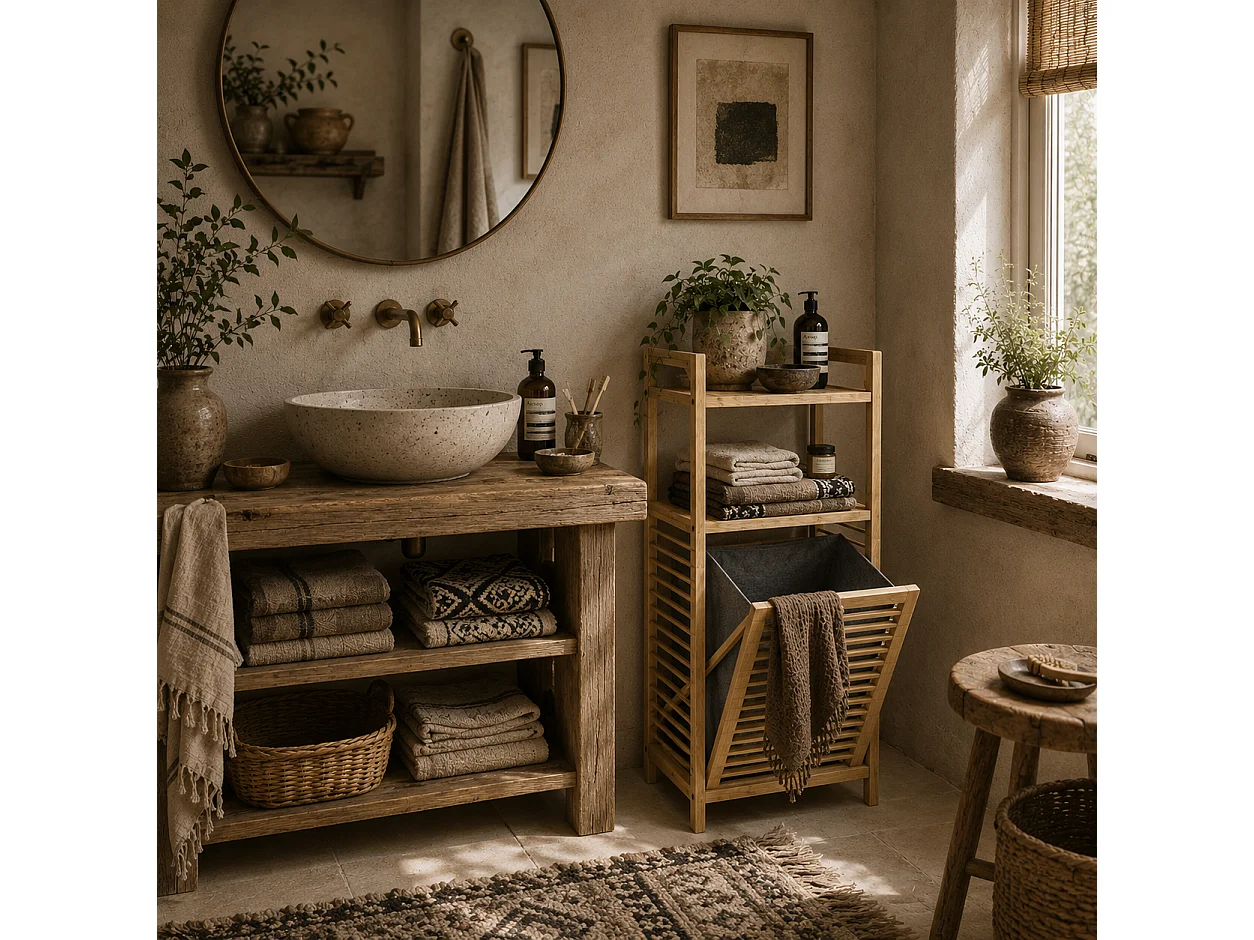 Lopadi Bamboo Laundry Cabinet with Tilt Out Hamper Slatted Door Natural Wood Finish