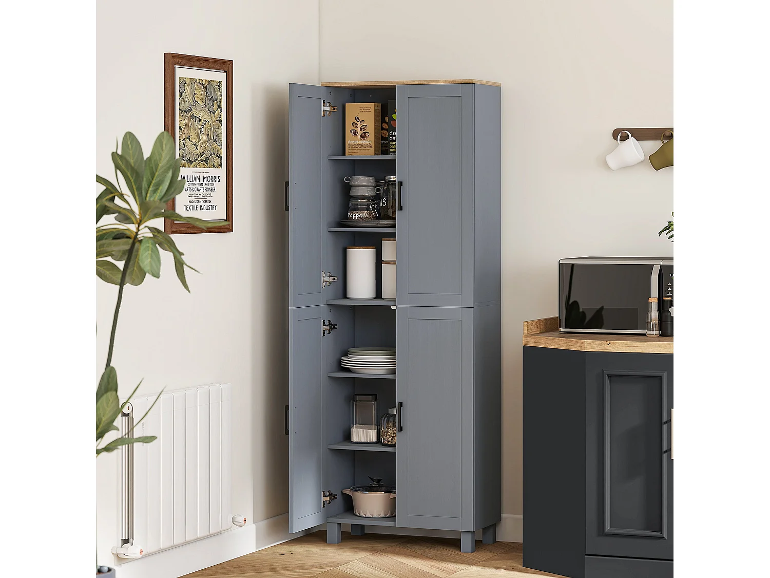 Parare 171cm Grey Wood Effect 4 Door Freestanding Kitchen Pantry Cabinet