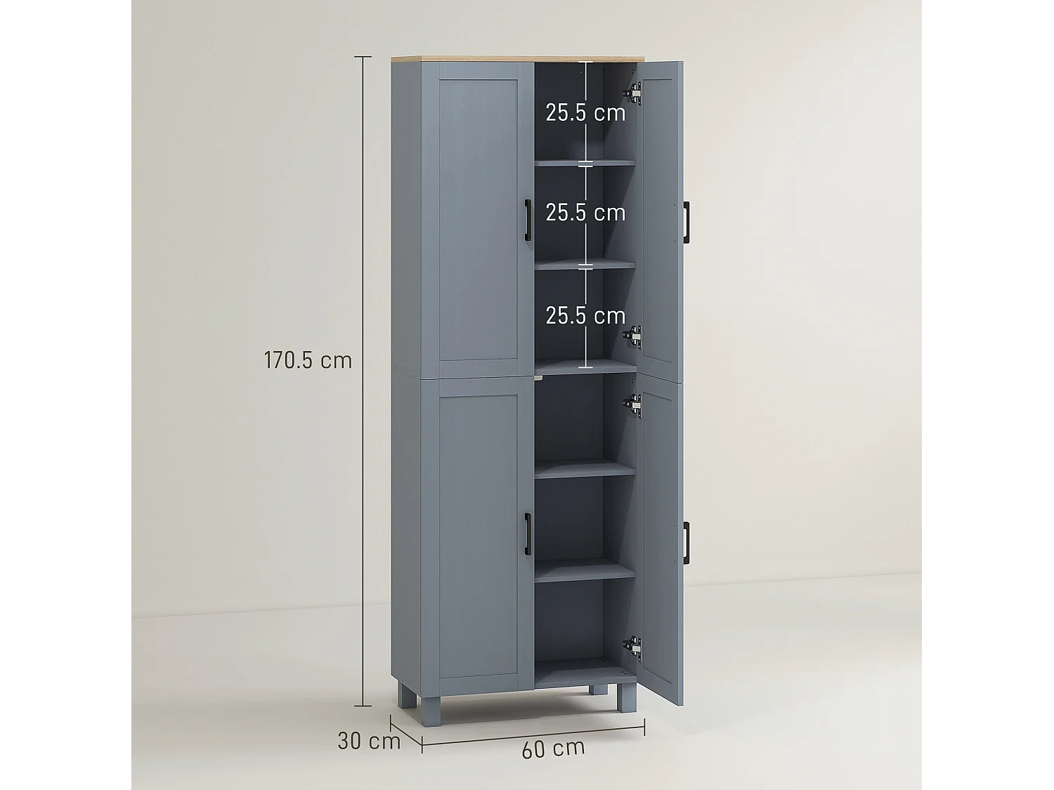 Parare 171cm Grey Wood Effect 4 Door Freestanding Kitchen Pantry Cabinet