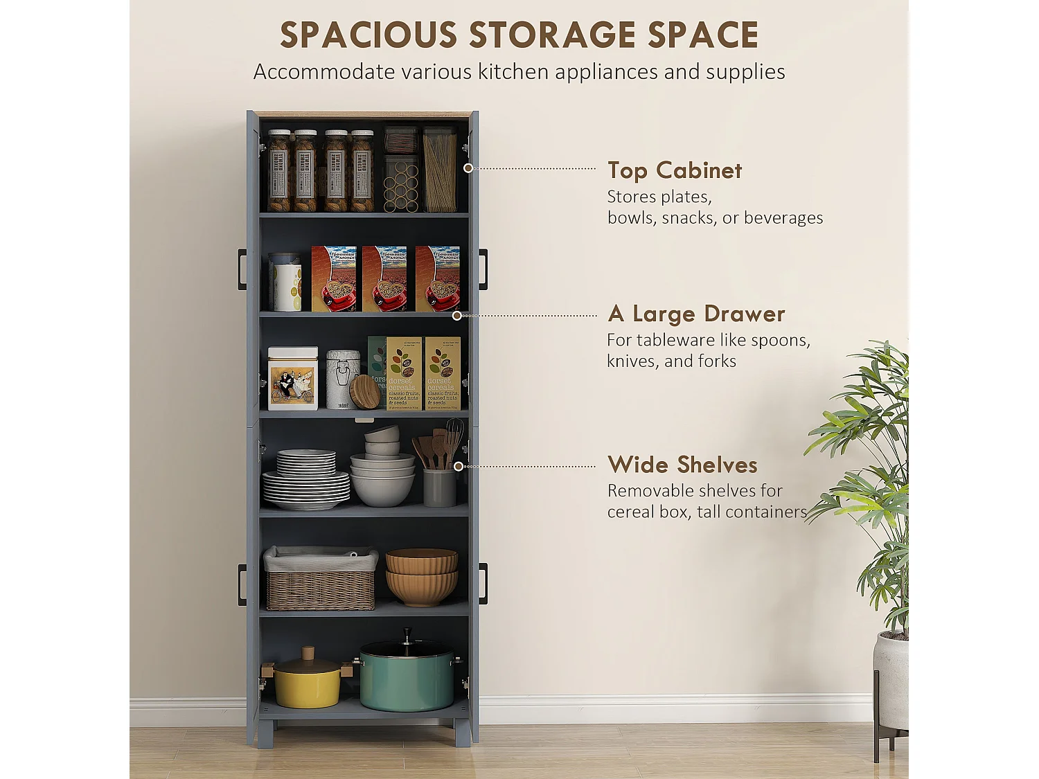 Parare 171cm Grey Wood Effect 4 Door Freestanding Kitchen Pantry Cabinet