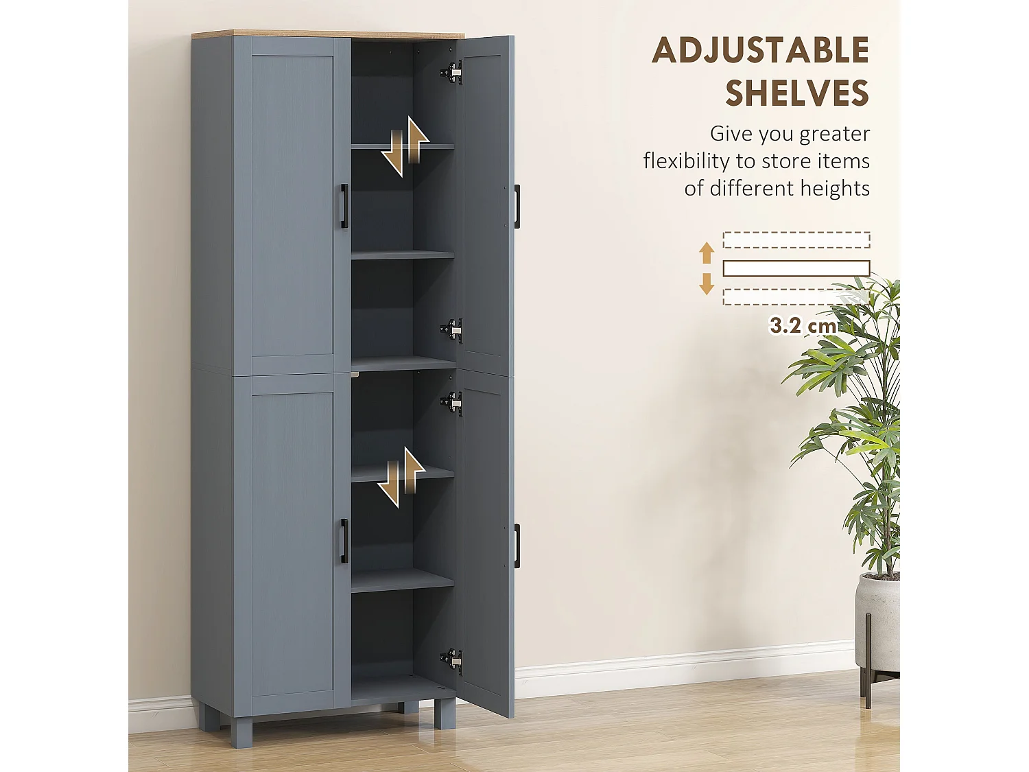 Parare 171cm Grey Wood Effect 4 Door Freestanding Kitchen Pantry Cabinet