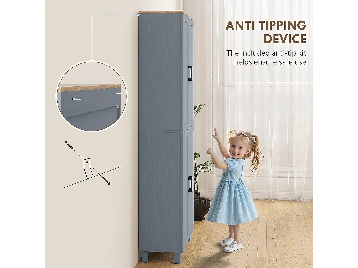 Parare 171cm Grey Wood Effect 4 Door Freestanding Kitchen Pantry Cabinet