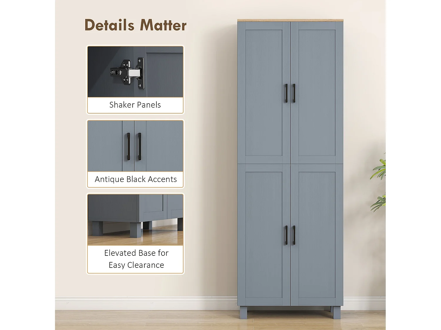 Parare 171cm Grey Wood Effect 4 Door Freestanding Kitchen Pantry Cabinet