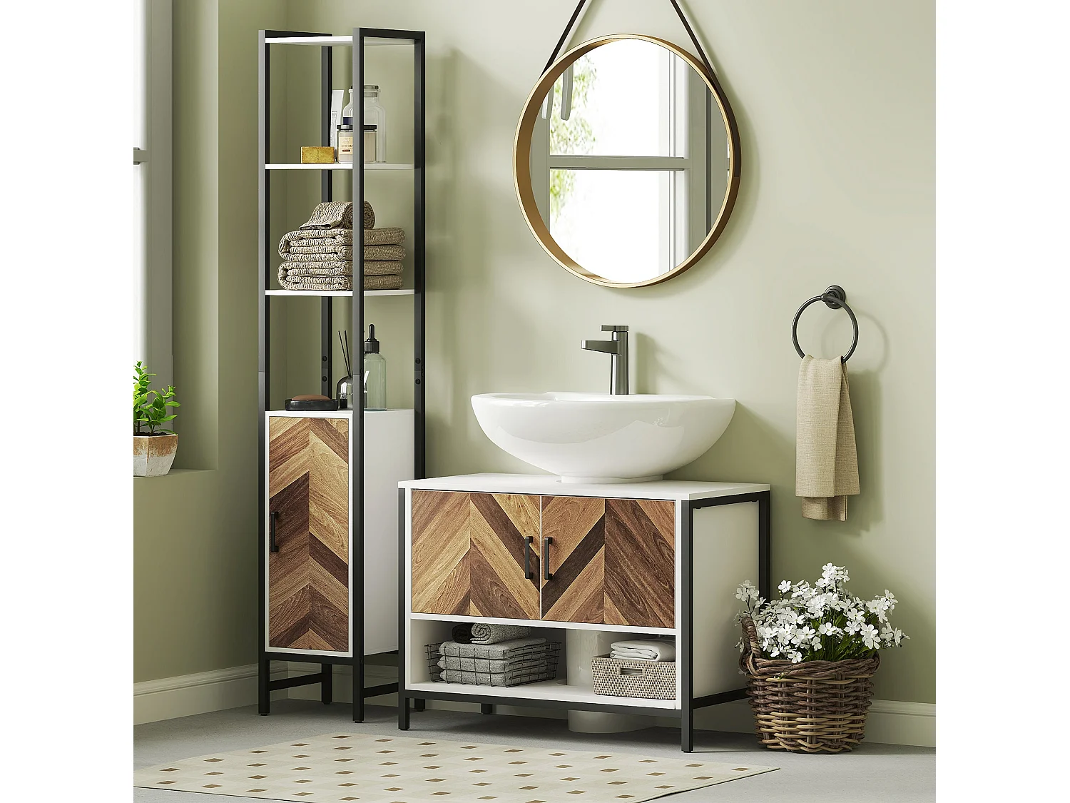 Saha Rato Cream White Under Sink Cabinet 80x40x60cm Herringbone Doors U Cutout