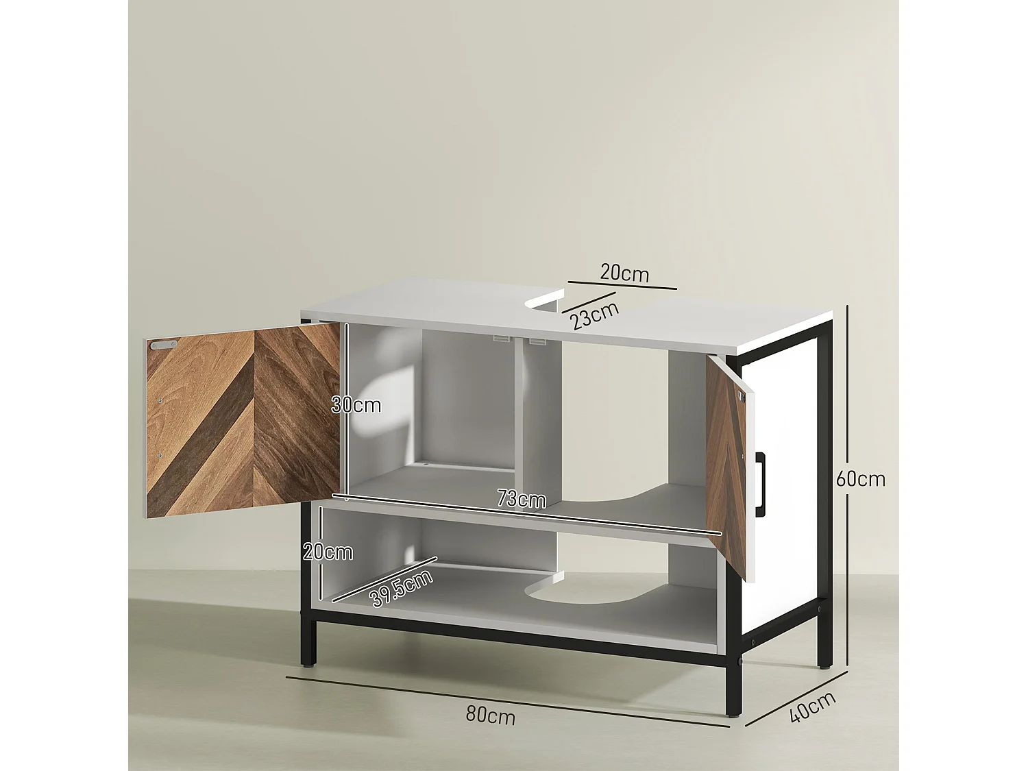 Saha Rato Cream White Under Sink Cabinet 80x40x60cm Herringbone Doors U Cutout