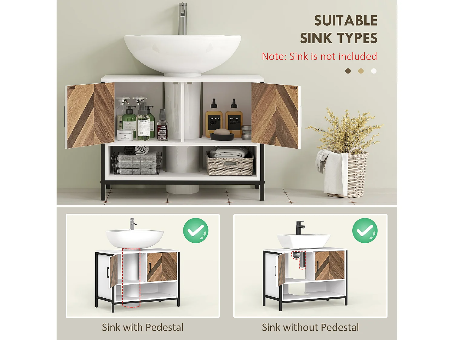 Saha Rato Cream White Under Sink Cabinet 80x40x60cm Herringbone Doors U Cutout