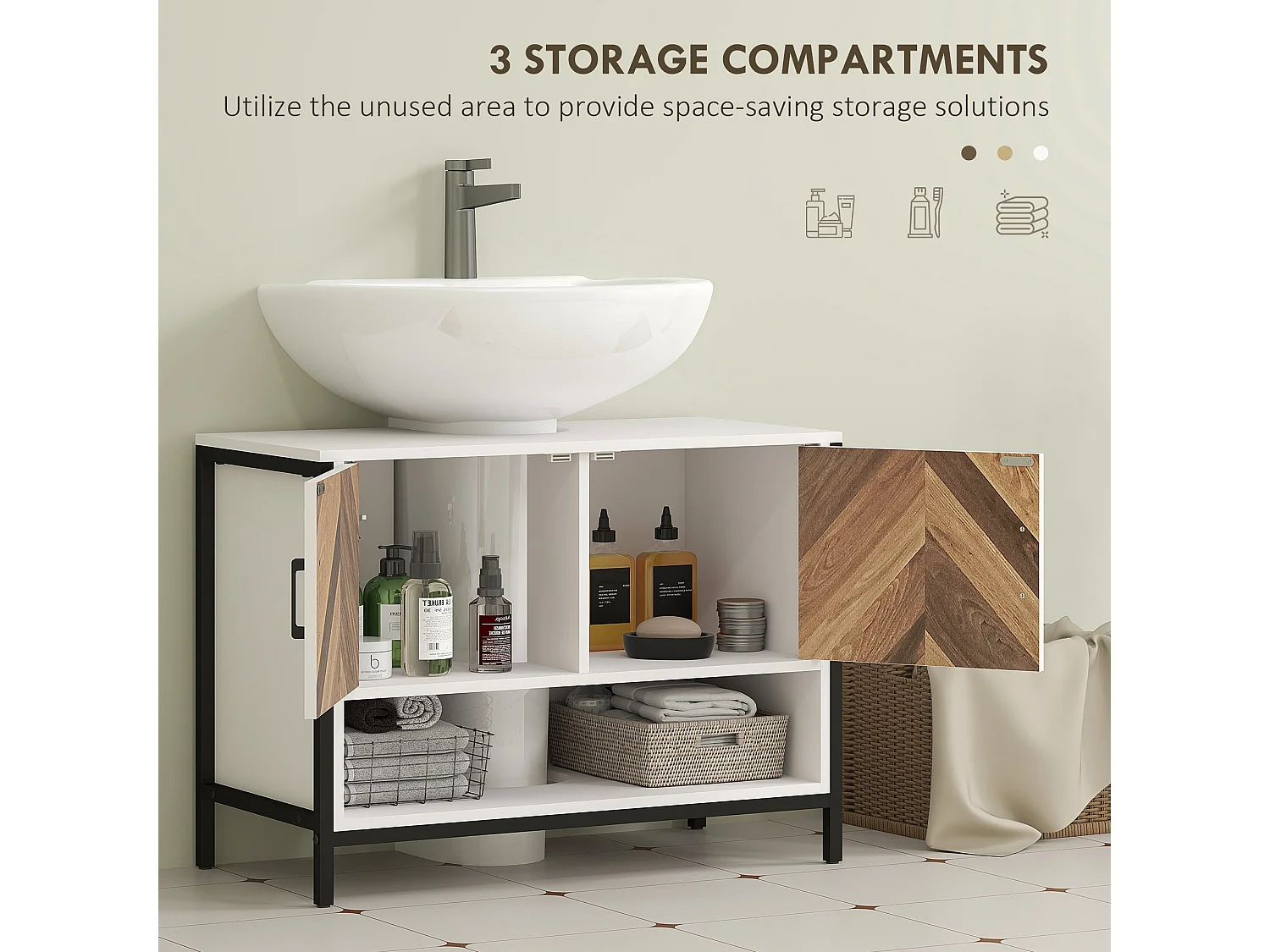 Saha Rato Cream White Under Sink Cabinet 80x40x60cm Herringbone Doors U Cutout
