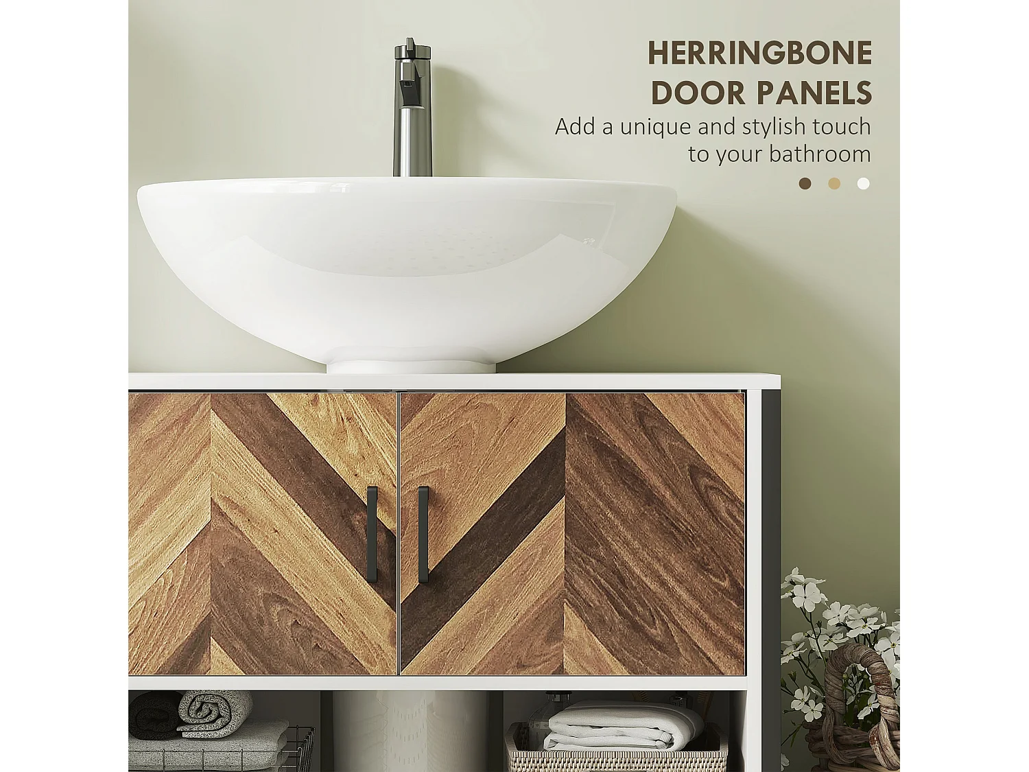 Saha Rato Cream White Under Sink Cabinet 80x40x60cm Herringbone Doors U Cutout