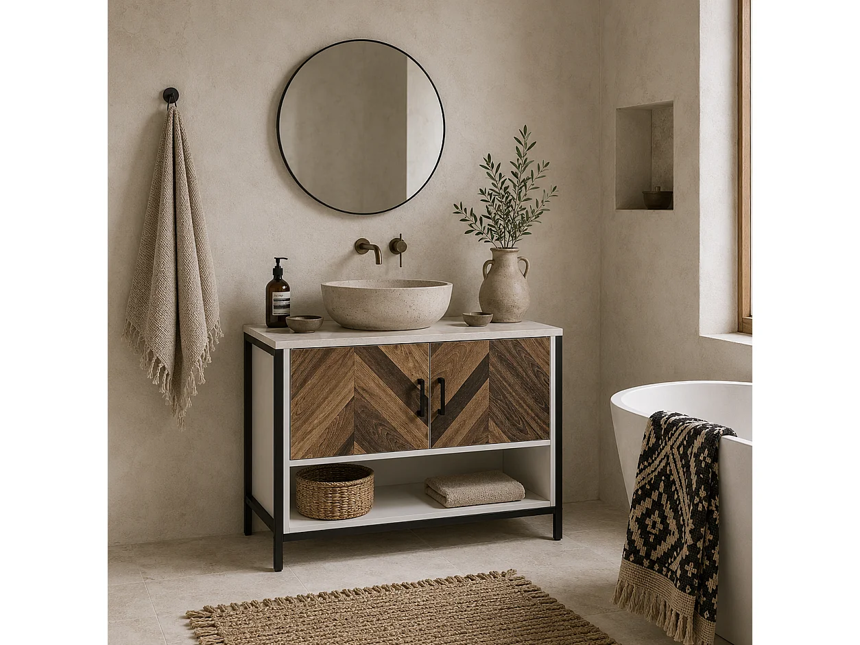 Saha Rato Cream White Under Sink Cabinet 80x40x60cm Herringbone Doors U Cutout