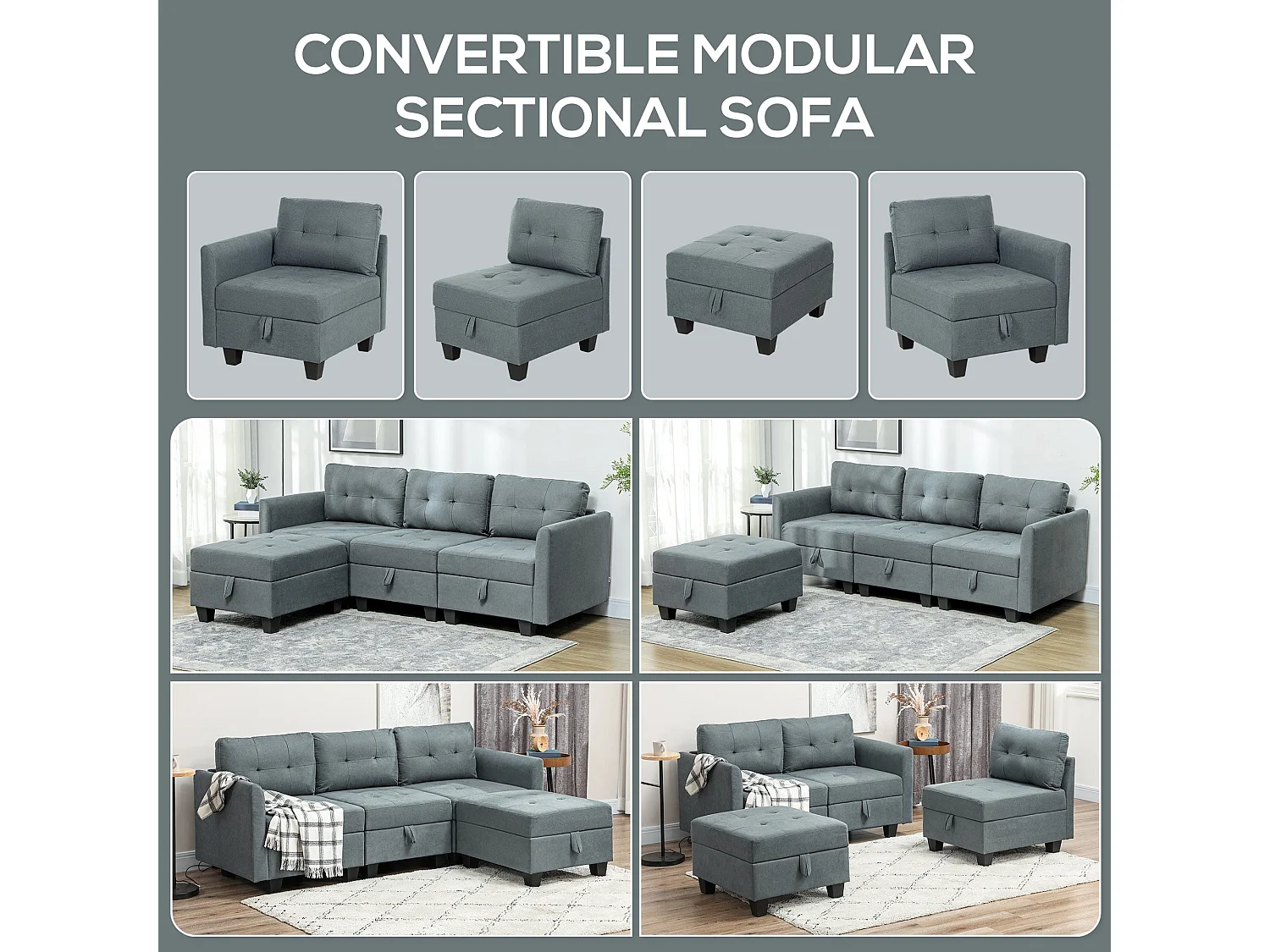 Vinole Rado Dark Grey Modular L Shaped Sofa with Built In Storage
