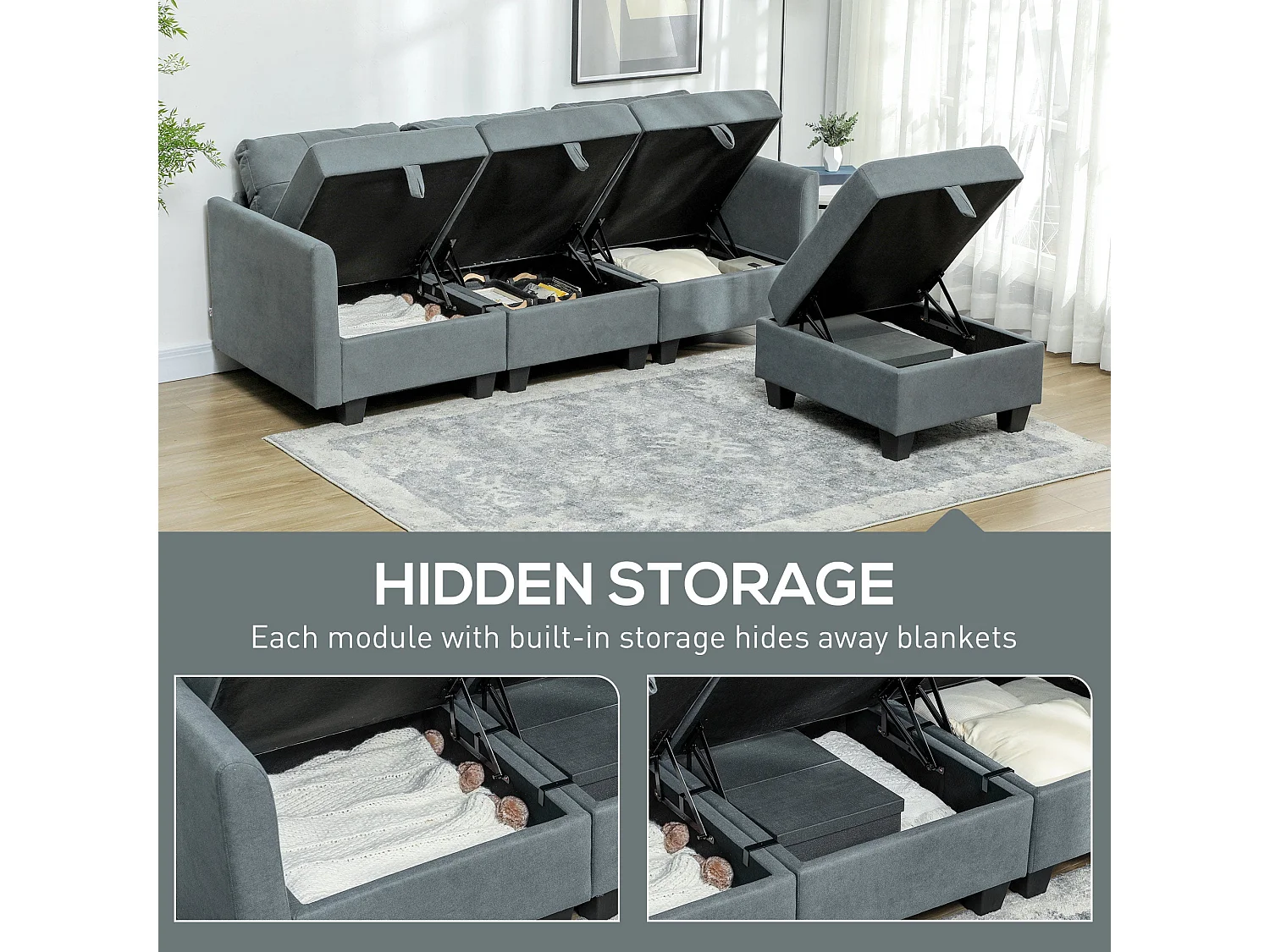 Vinole Rado Dark Grey Modular L Shaped Sofa with Built In Storage