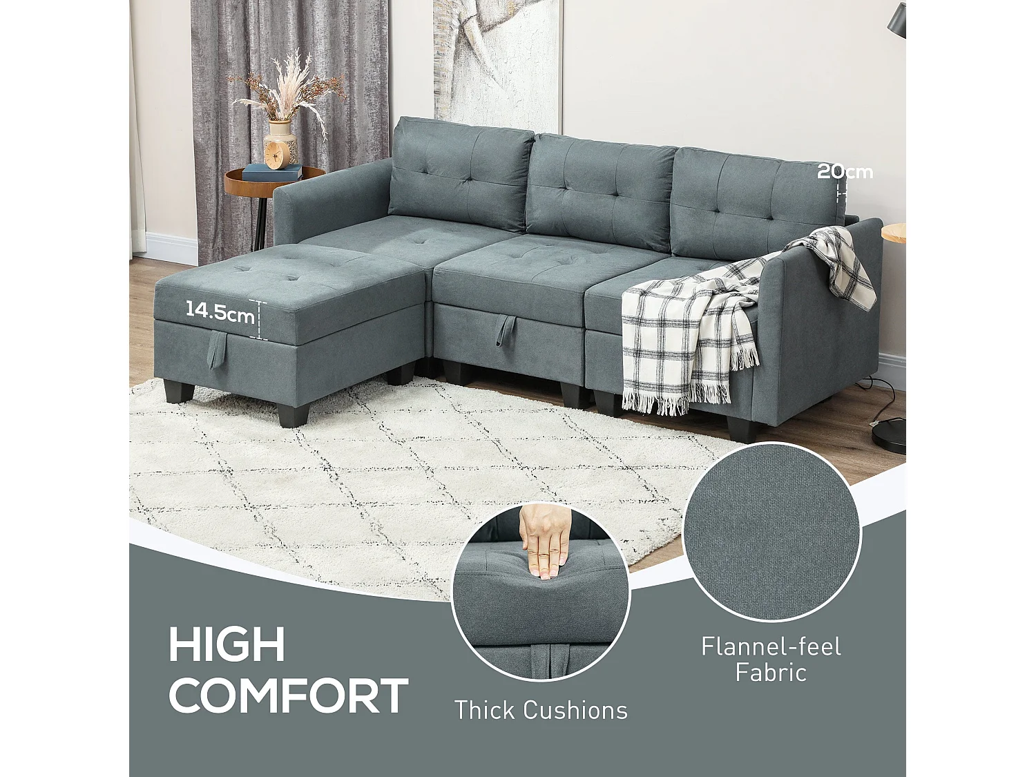 Vinole Rado Dark Grey Modular L Shaped Sofa with Built In Storage