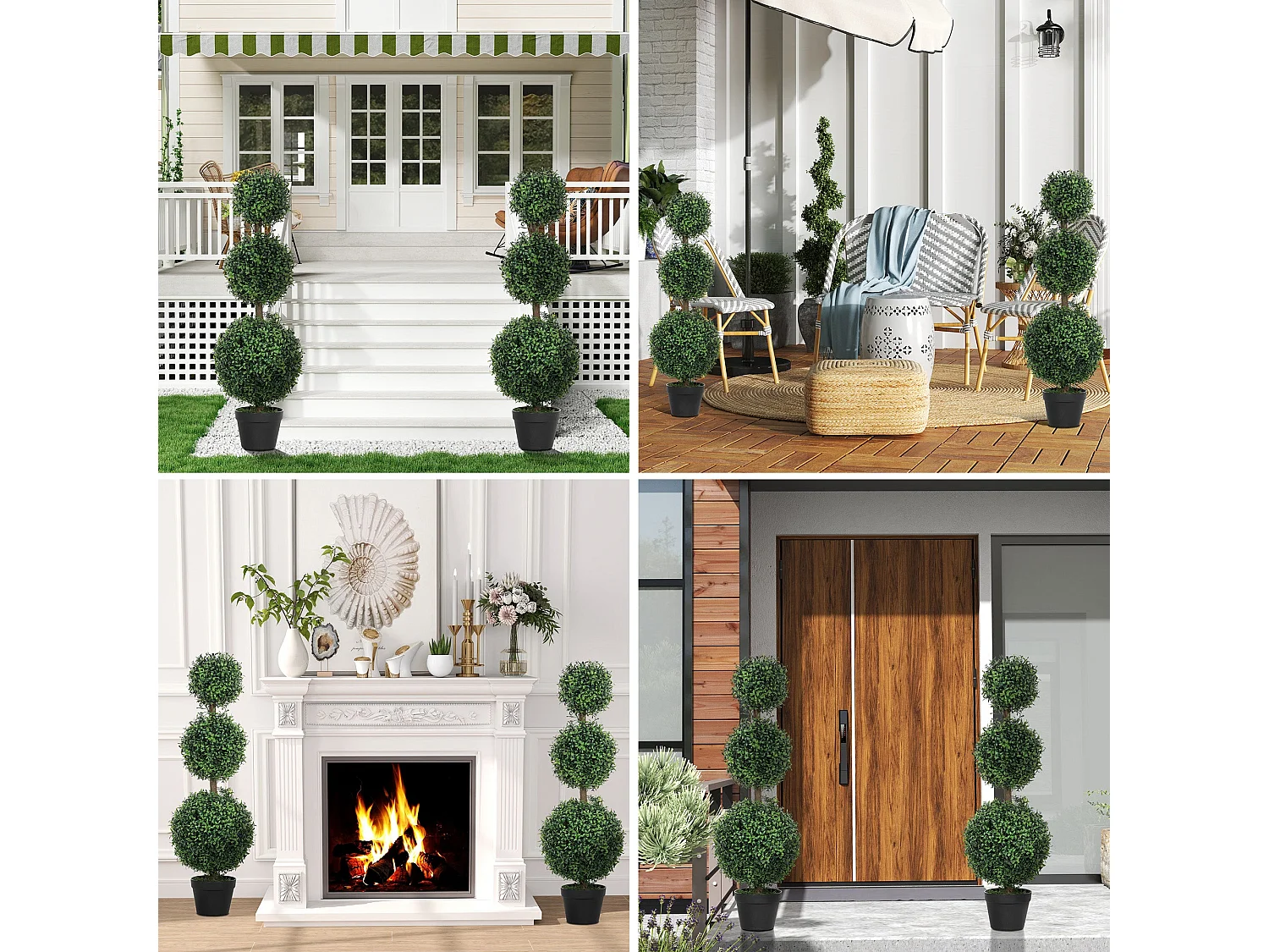 Rafile Set of 2 Artificial Boxwood Topiary Trees with Triple Ball Design 100cm