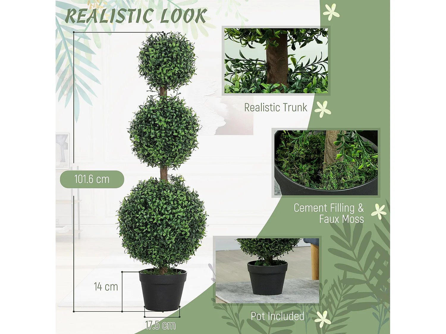 Rafile Set of 2 Artificial Boxwood Topiary Trees with Triple Ball Design 100cm