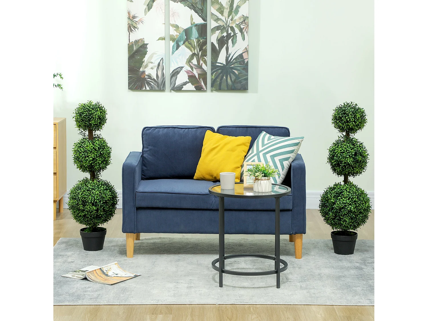 Rafile Set of 2 Artificial Boxwood Topiary Trees with Triple Ball Design 100cm