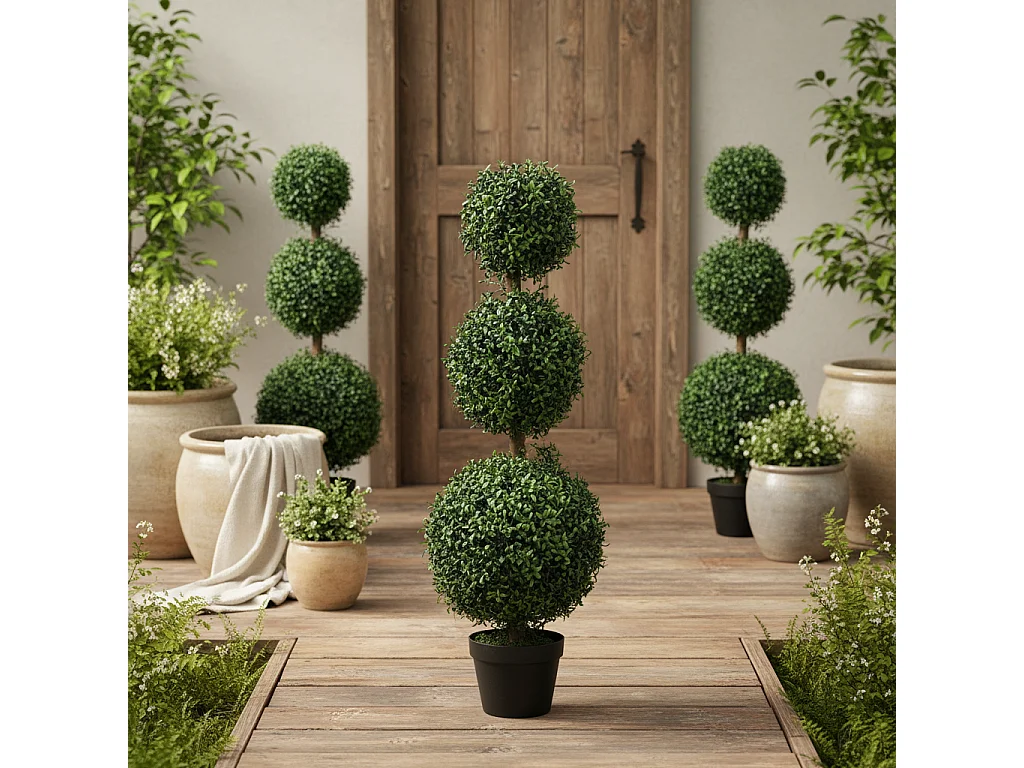 Rafile Set of 2 Artificial Boxwood Topiary Trees with Triple Ball Design 100cm