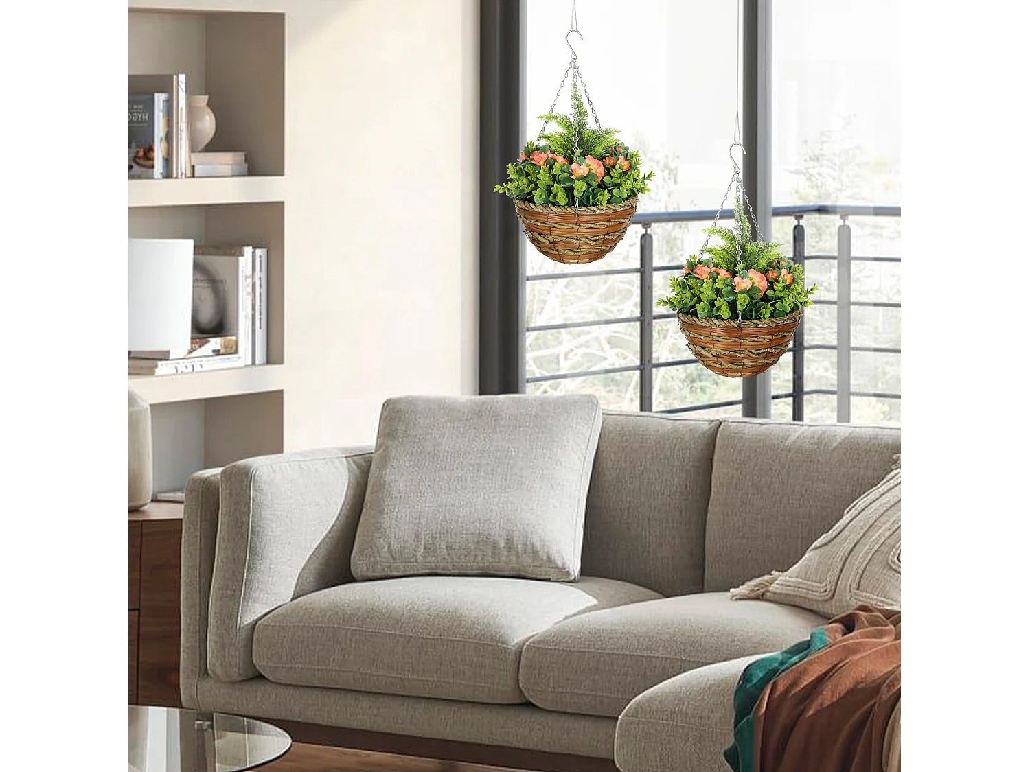 Lema Set of 2 Artificial Lisianthus Hanging Flower Pots Yellow and Green