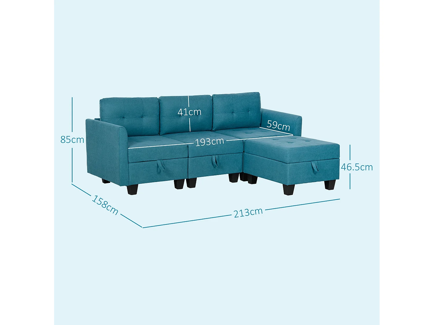 Torono Light Blue Modular L Shaped Sofa with Built In Storage