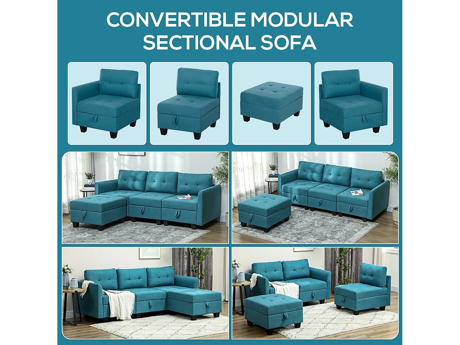 Torono Light Blue Modular L Shaped Sofa with Built In Storage