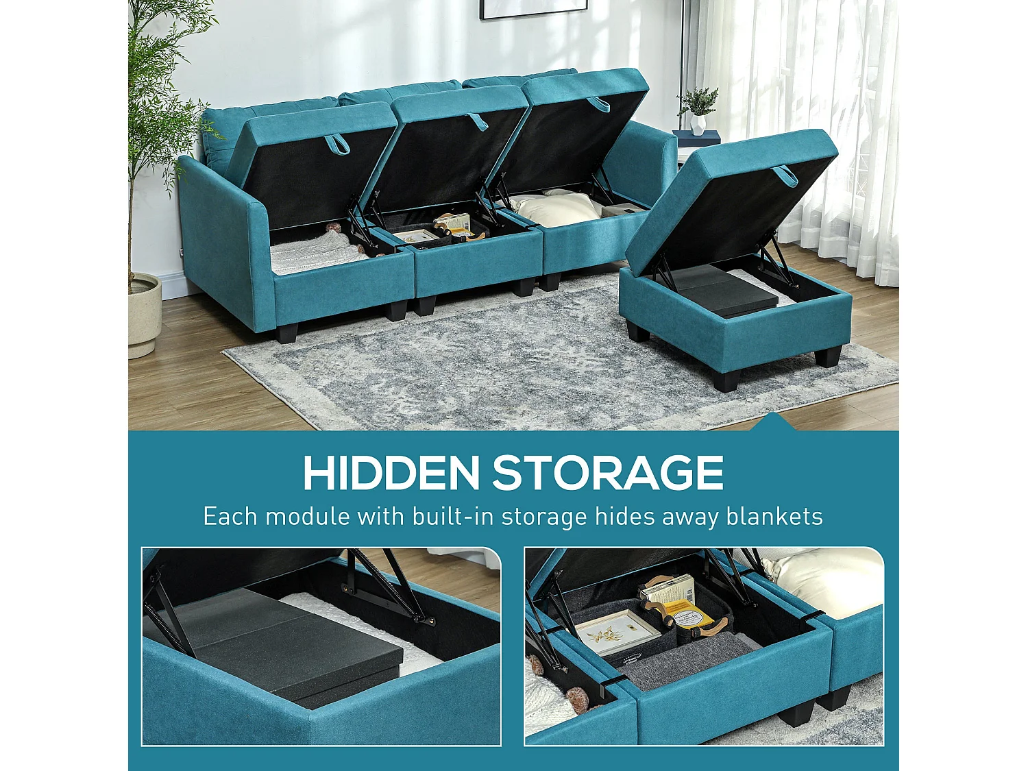 Torono Light Blue Modular L Shaped Sofa with Built In Storage