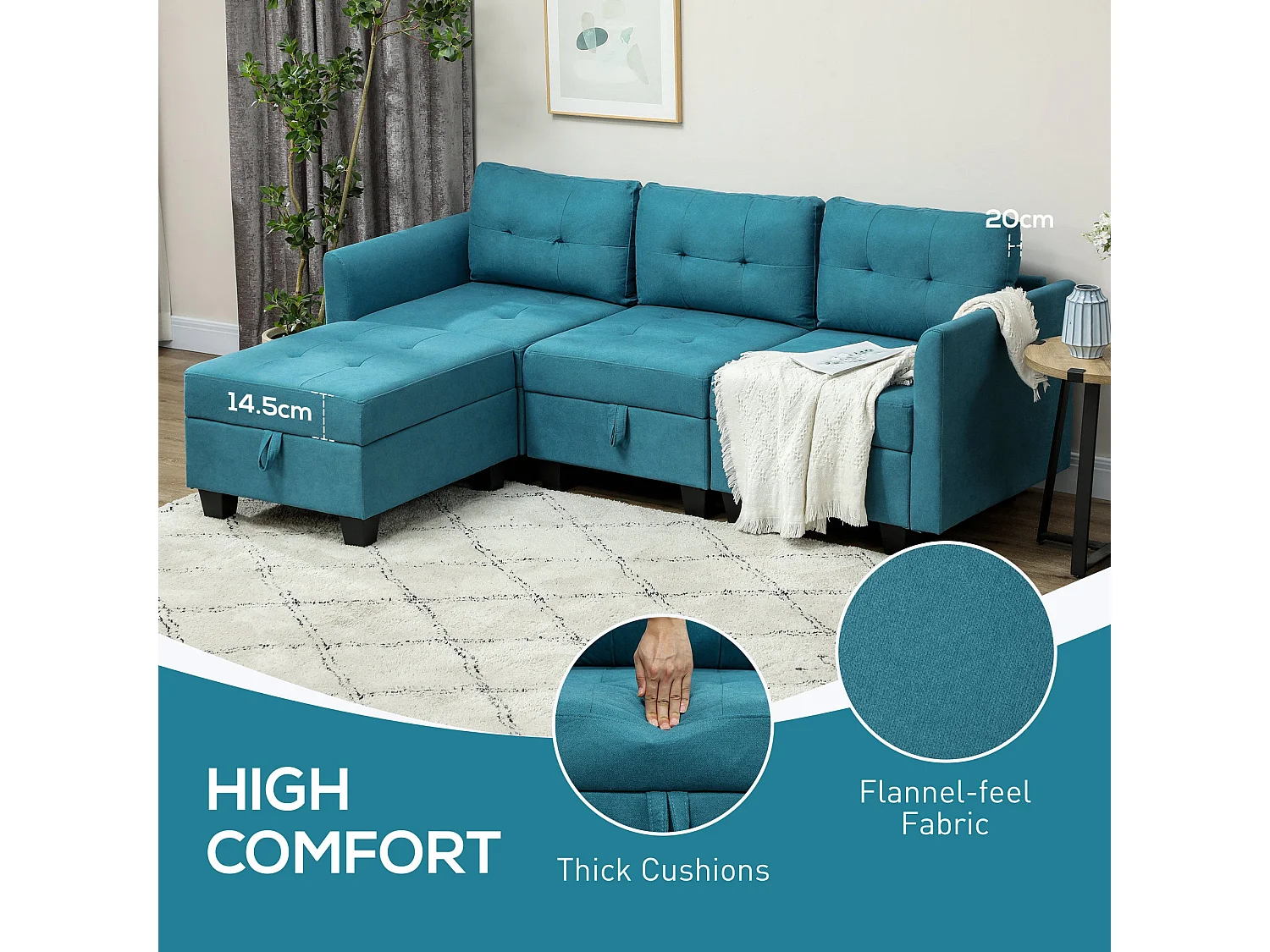 Torono Light Blue Modular L Shaped Sofa with Built In Storage