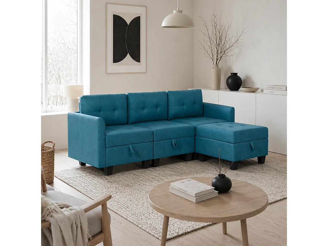 Torono Light Blue Modular L Shaped Sofa with Built In Storage