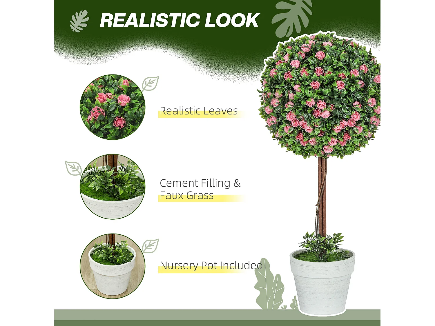 Roviyo Set of 2 Artificial Rose Topiary Ball Trees in Pots 60cm Pink
