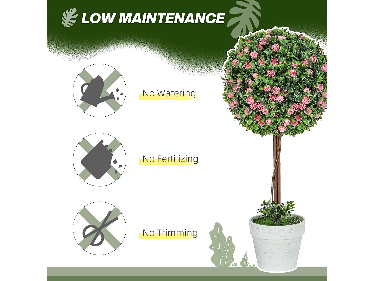 Roviyo Set of 2 Artificial Rose Topiary Ball Trees in Pots 60cm Pink