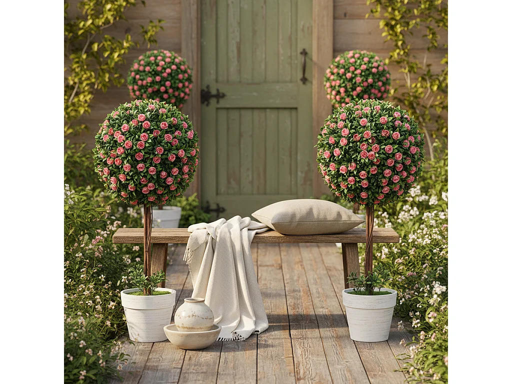 Roviyo Set of 2 Artificial Rose Topiary Ball Trees in Pots 60cm Pink