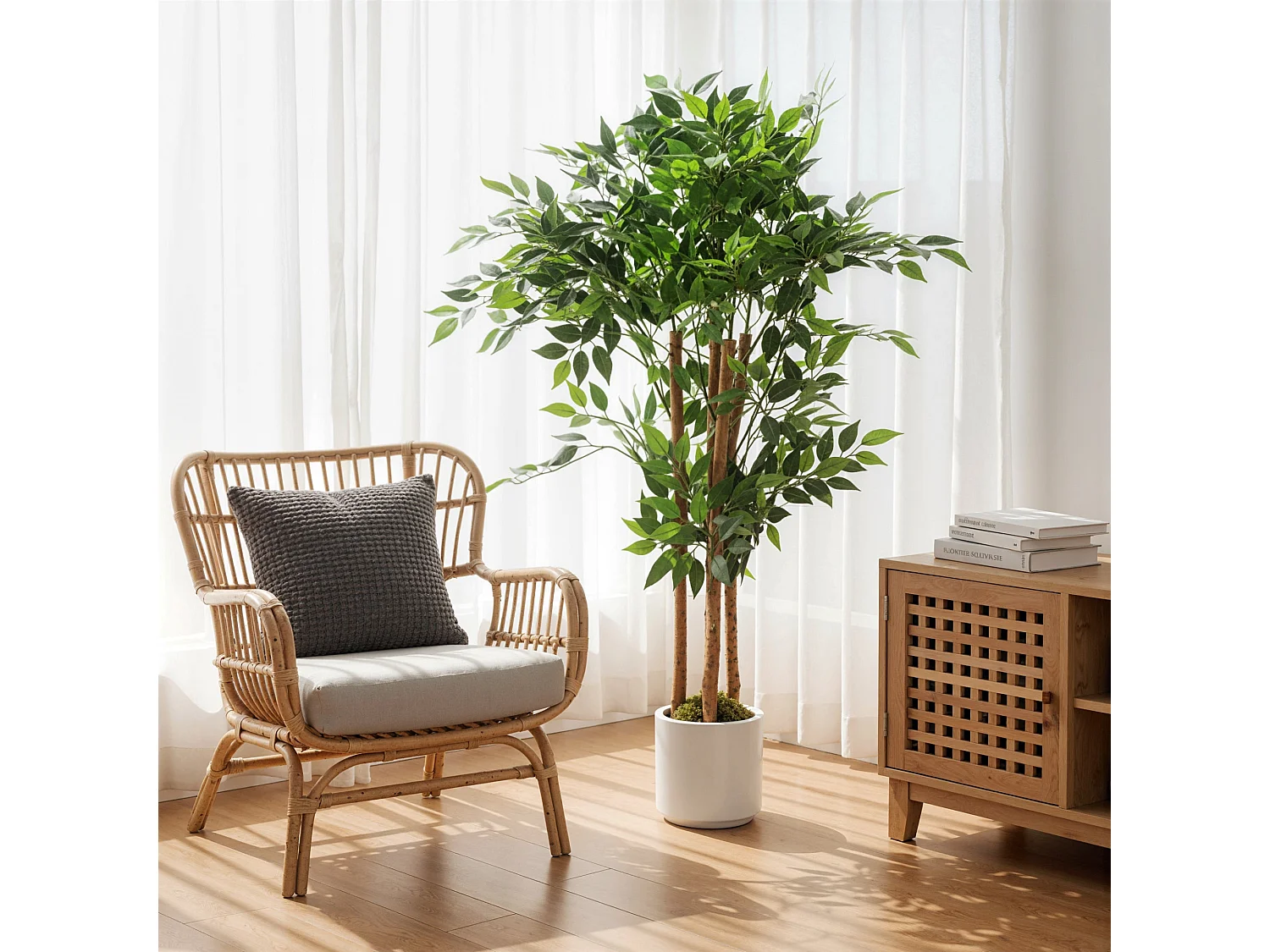 Rokalo Artificial Ficus Tree 120cm Real Touch Leaves Solid Wood Trunk Potted