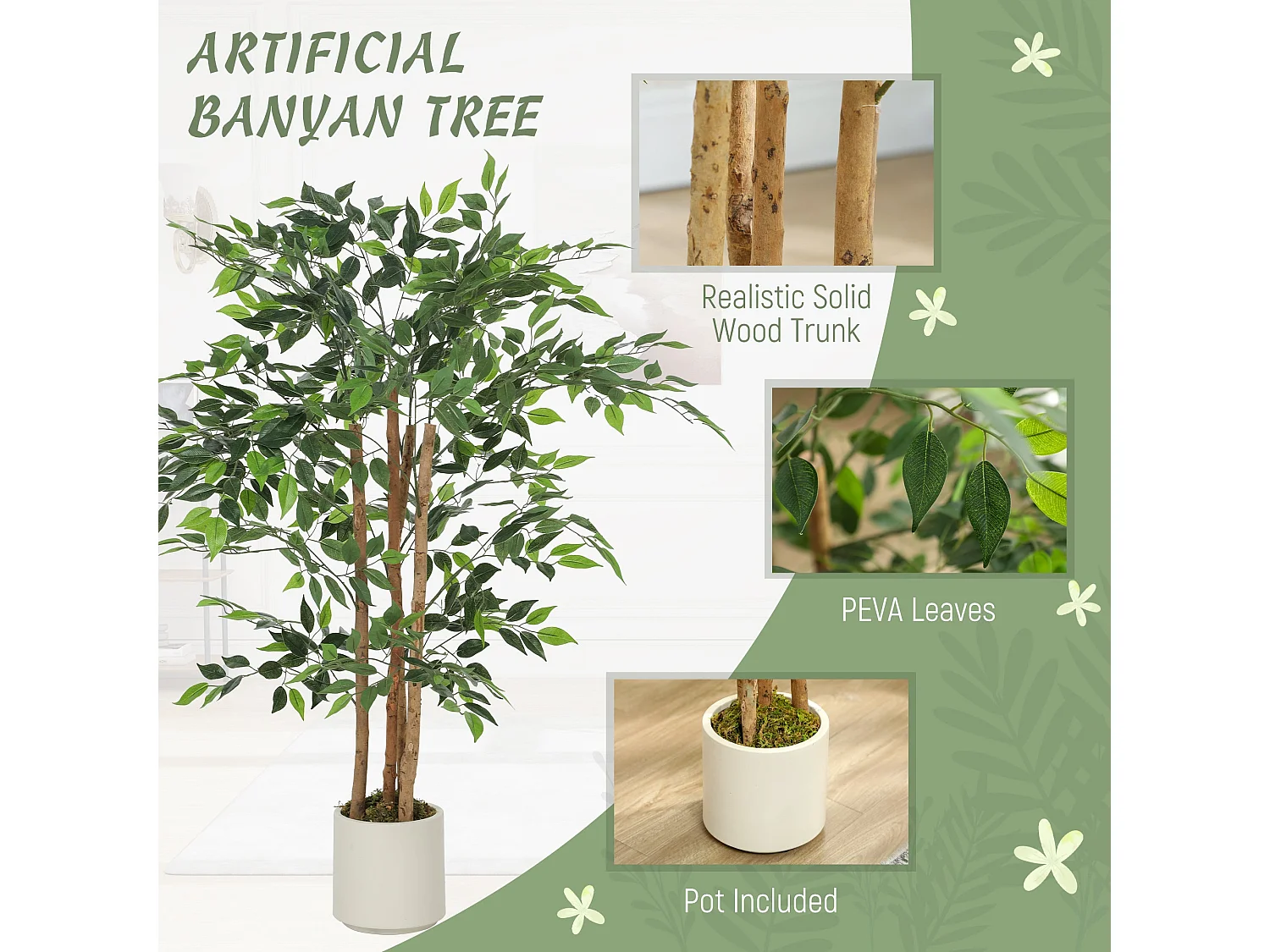Rokalo Artificial Ficus Tree 120cm Real Touch Leaves Solid Wood Trunk Potted