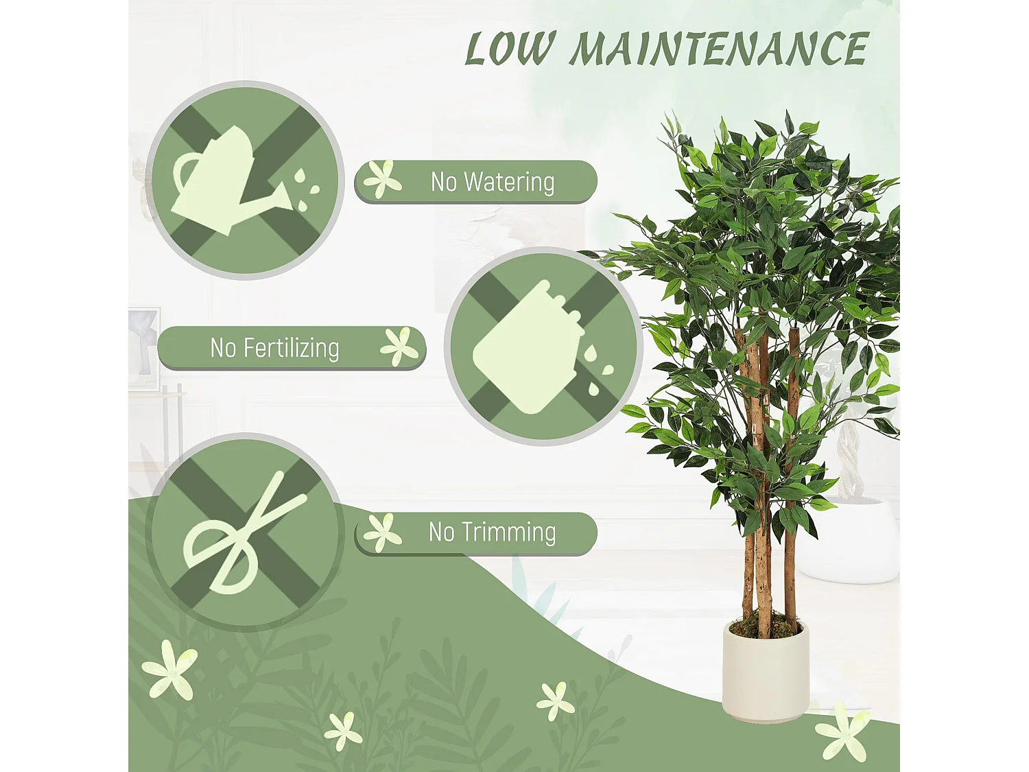 Rokalo Artificial Ficus Tree 120cm Real Touch Leaves Solid Wood Trunk Potted