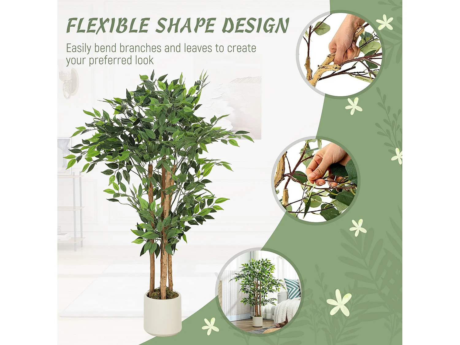 Rokalo Artificial Ficus Tree 120cm Real Touch Leaves Solid Wood Trunk Potted