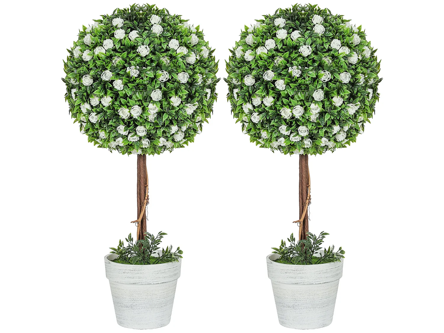 Rahafi Set of 2 Artificial Rose Topiary Ball Trees in Pots 60cm White
