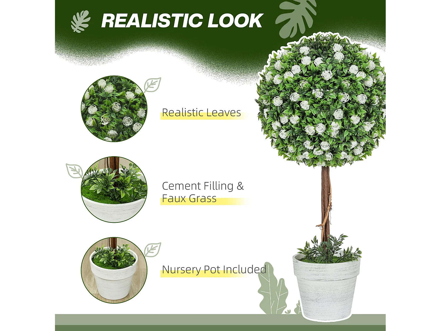 Rahafi Set of 2 Artificial Rose Topiary Ball Trees in Pots 60cm White