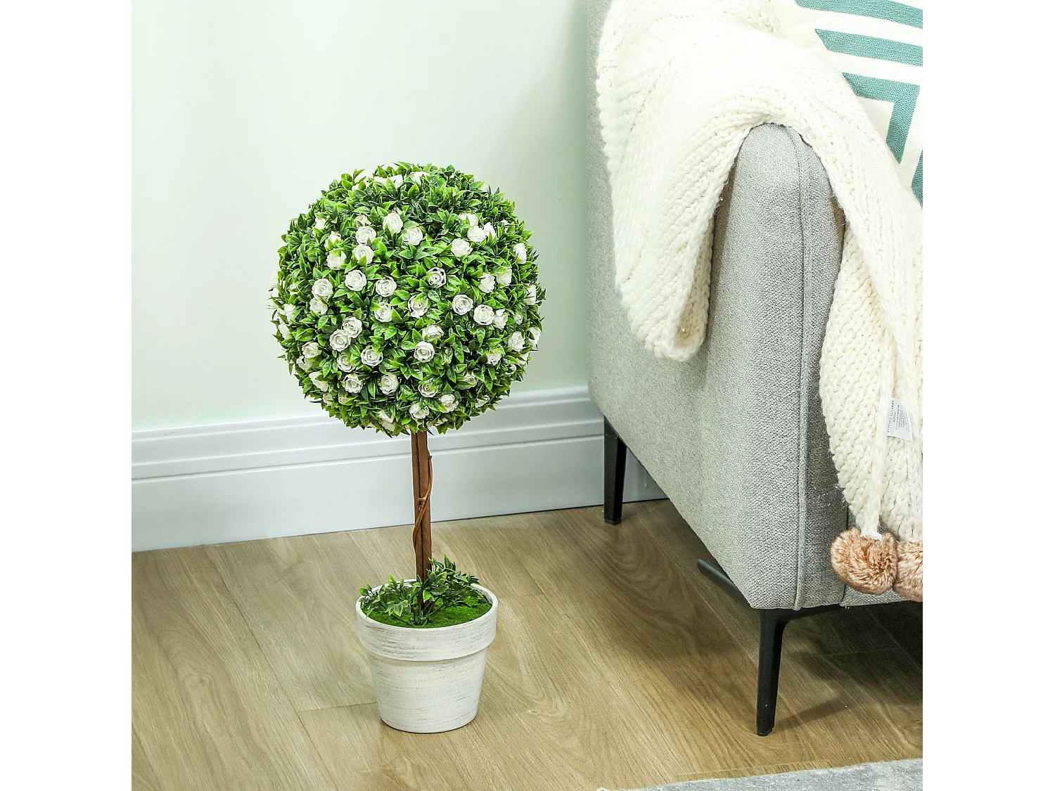 Rahafi Set of 2 Artificial Rose Topiary Ball Trees in Pots 60cm White