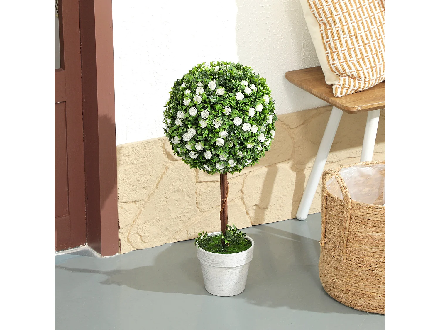 Rahafi Set of 2 Artificial Rose Topiary Ball Trees in Pots 60cm White