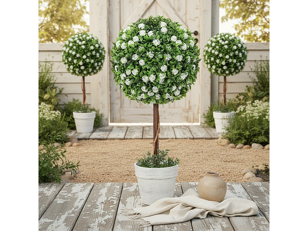 Rahafi Set of 2 Artificial Rose Topiary Ball Trees in Pots 60cm White