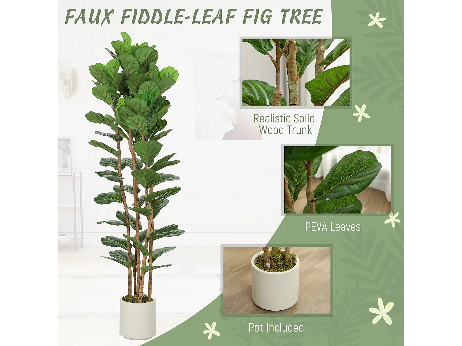 Racori Artificial Fiddle Leaf Fig Tree 180cm Full Canopy Green