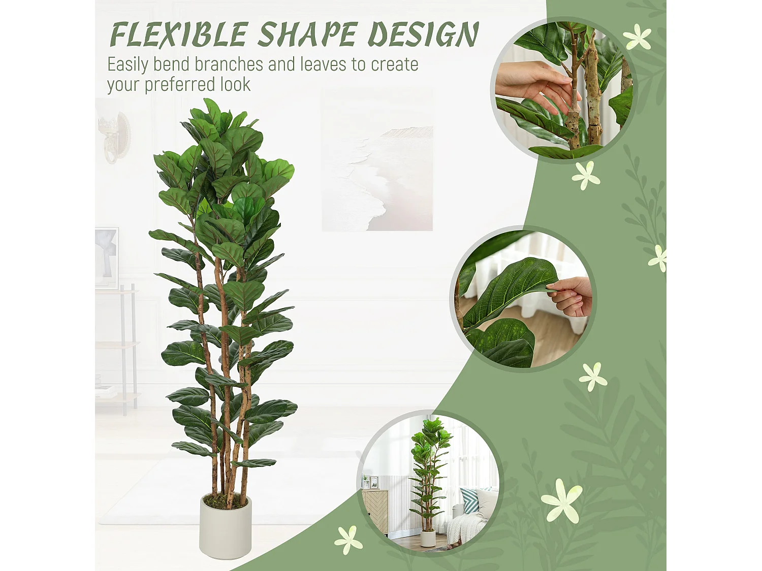 Racori Artificial Fiddle Leaf Fig Tree 180cm Full Canopy Green
