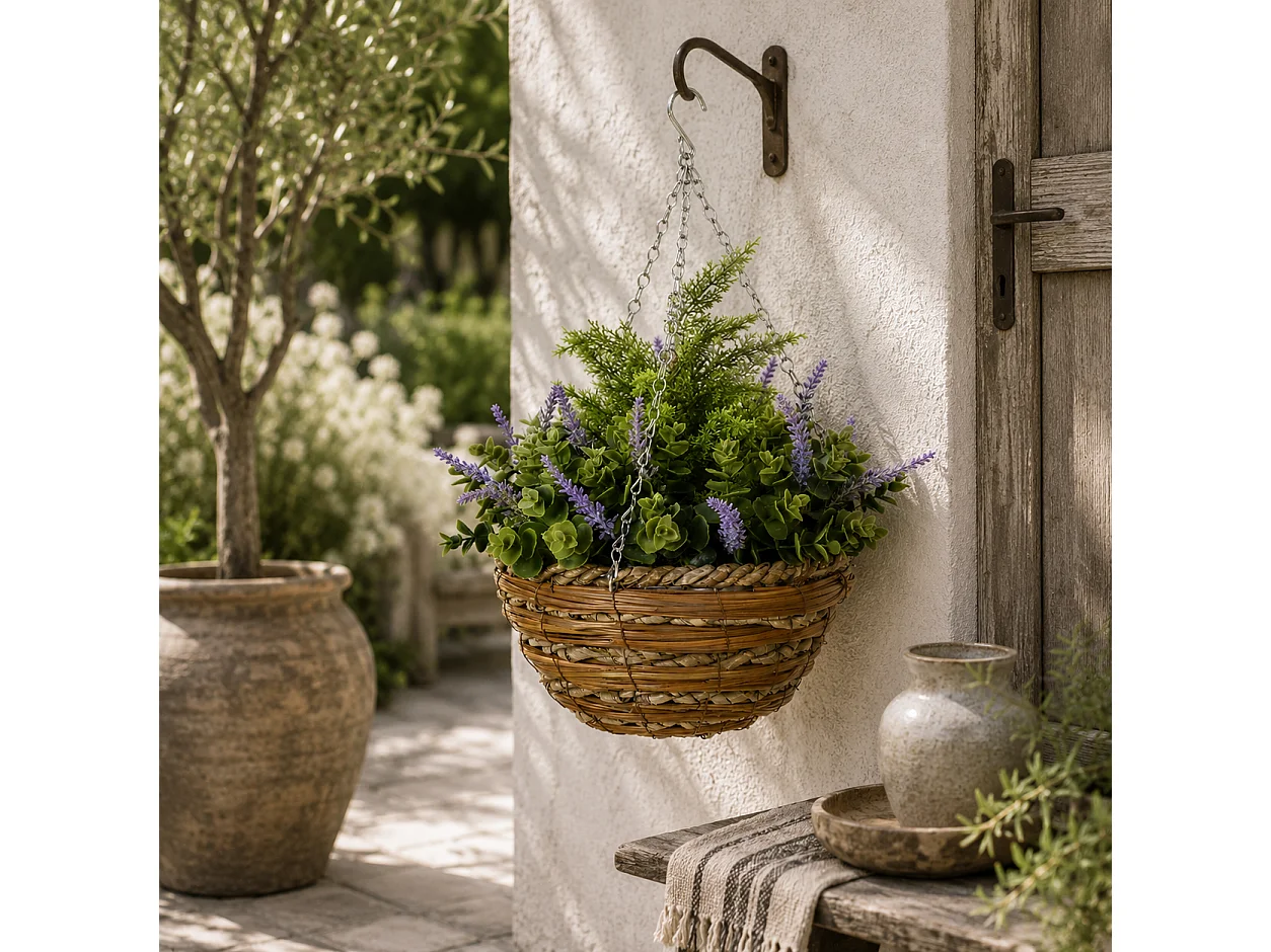 Georatti Set of 2 Hanging Artificial Lavender Flower Pots for Indoor and Outdoor Display
