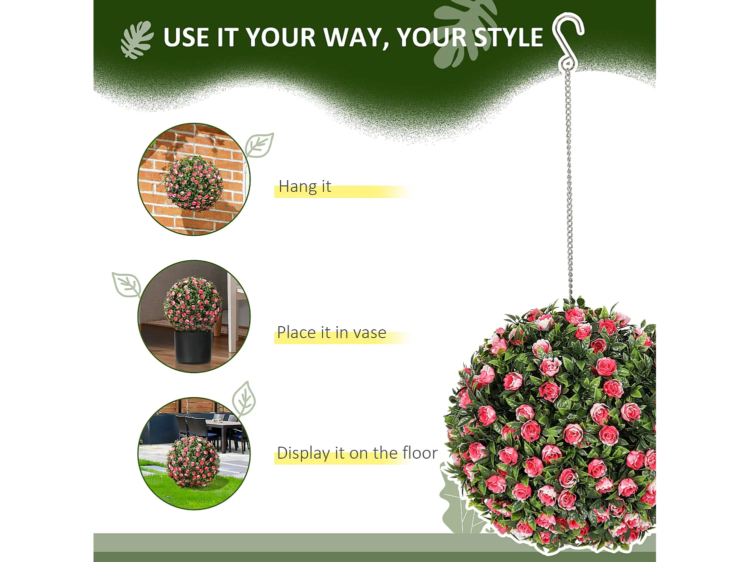 Colana Set of 2 UV Resistant Artificial Rose Topiary Balls H8 28cm Pink