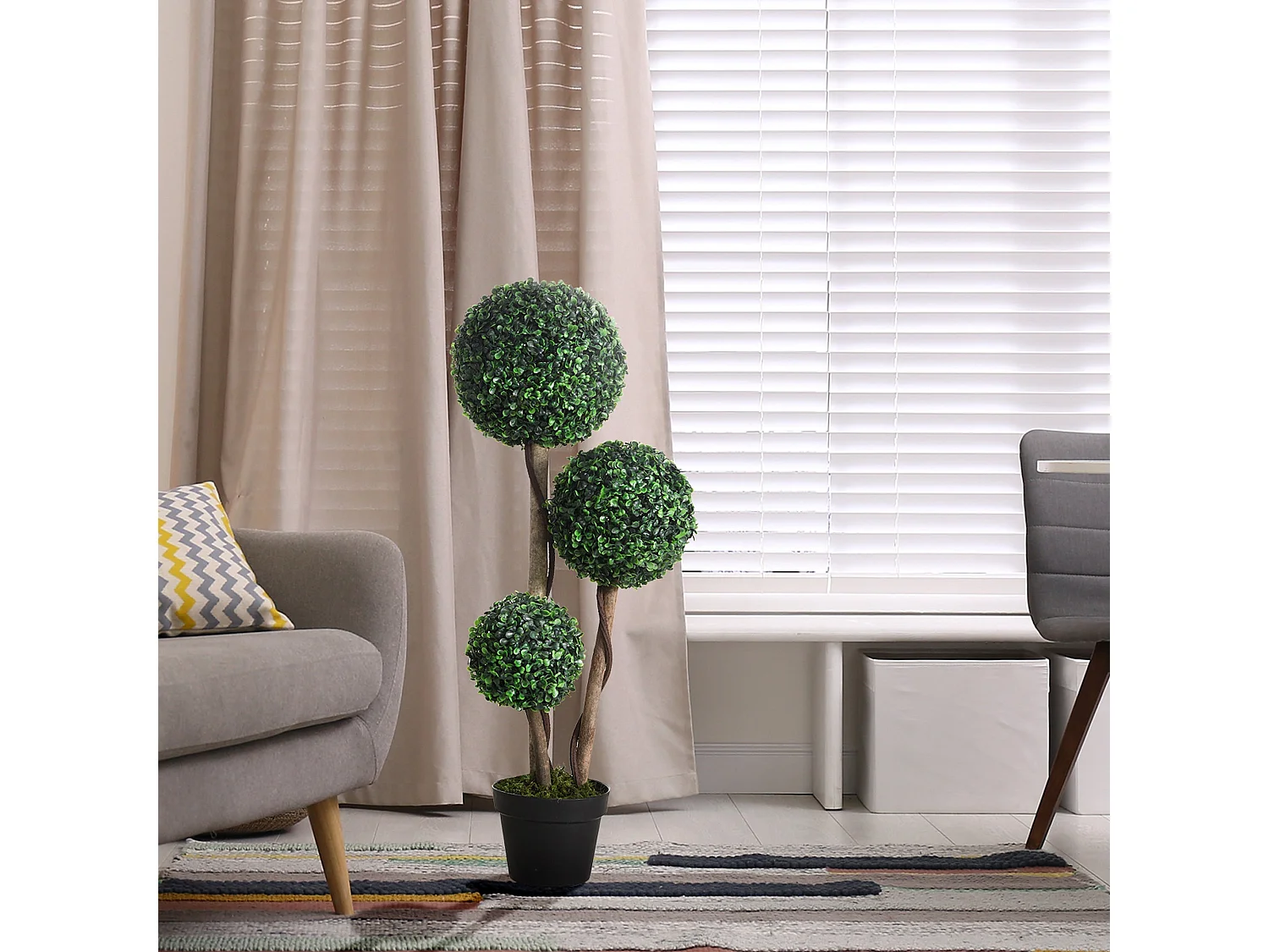 Moneri Dark Green Artificial Boxwood Three Ball Topiary Tree in Weighted Pot 90cm