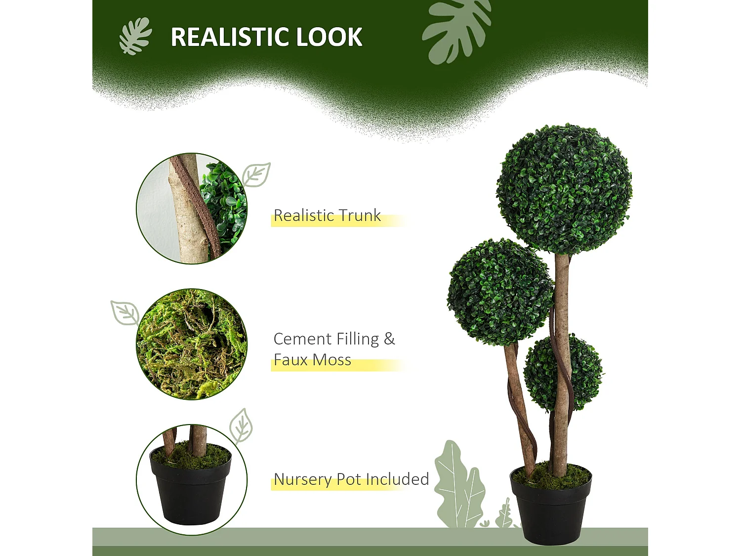 Moneri Dark Green Artificial Boxwood Three Ball Topiary Tree in Weighted Pot 90cm