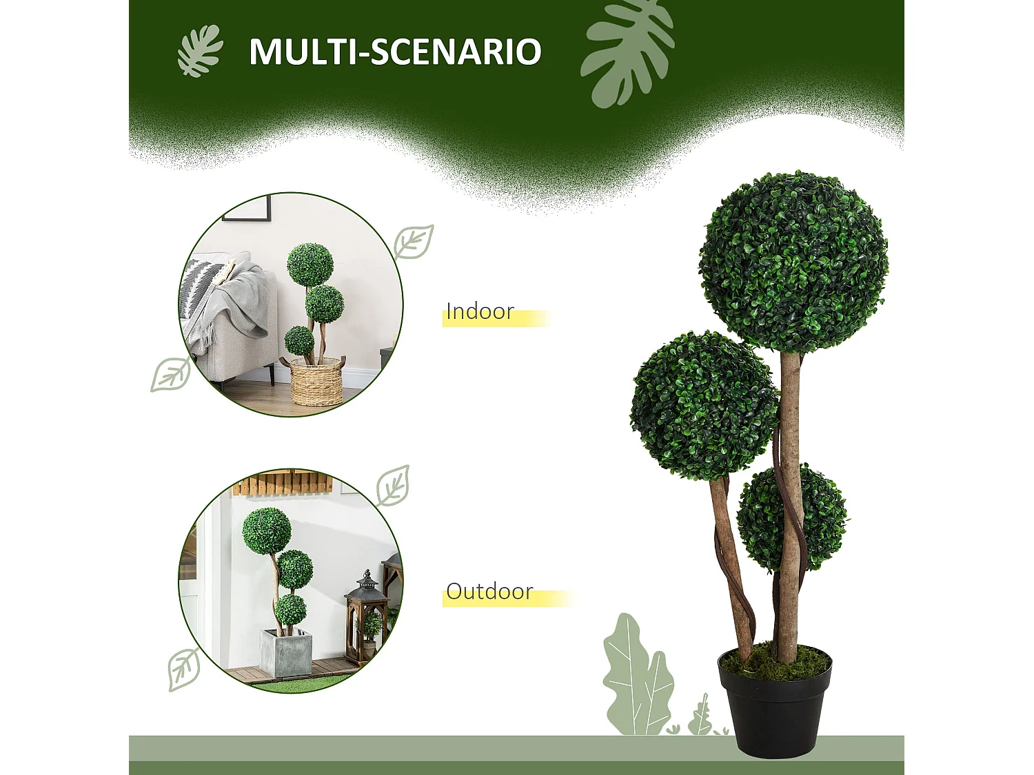 Moneri Dark Green Artificial Boxwood Three Ball Topiary Tree in Weighted Pot 90cm