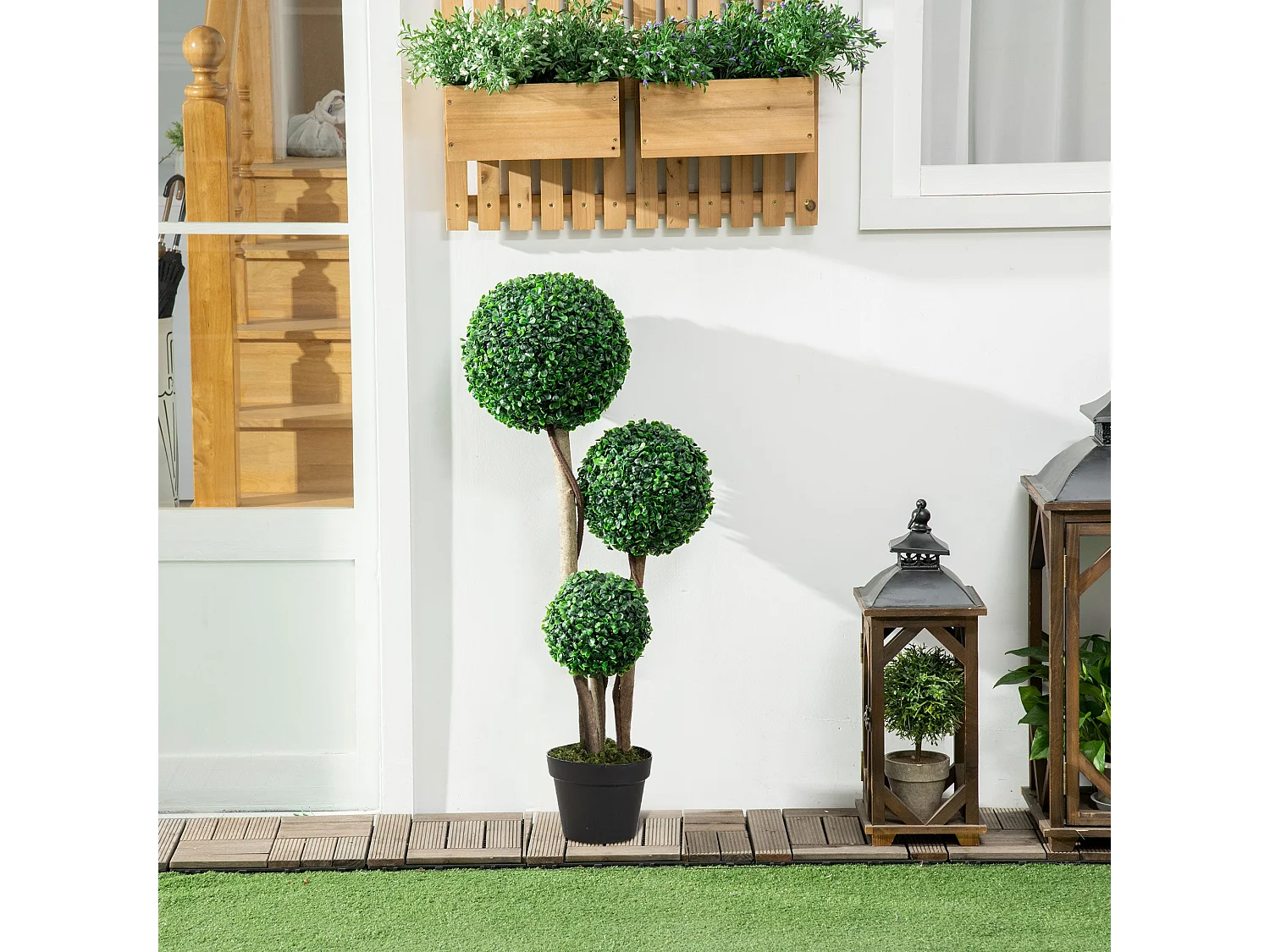 Moneri Dark Green Artificial Boxwood Three Ball Topiary Tree in Weighted Pot 90cm