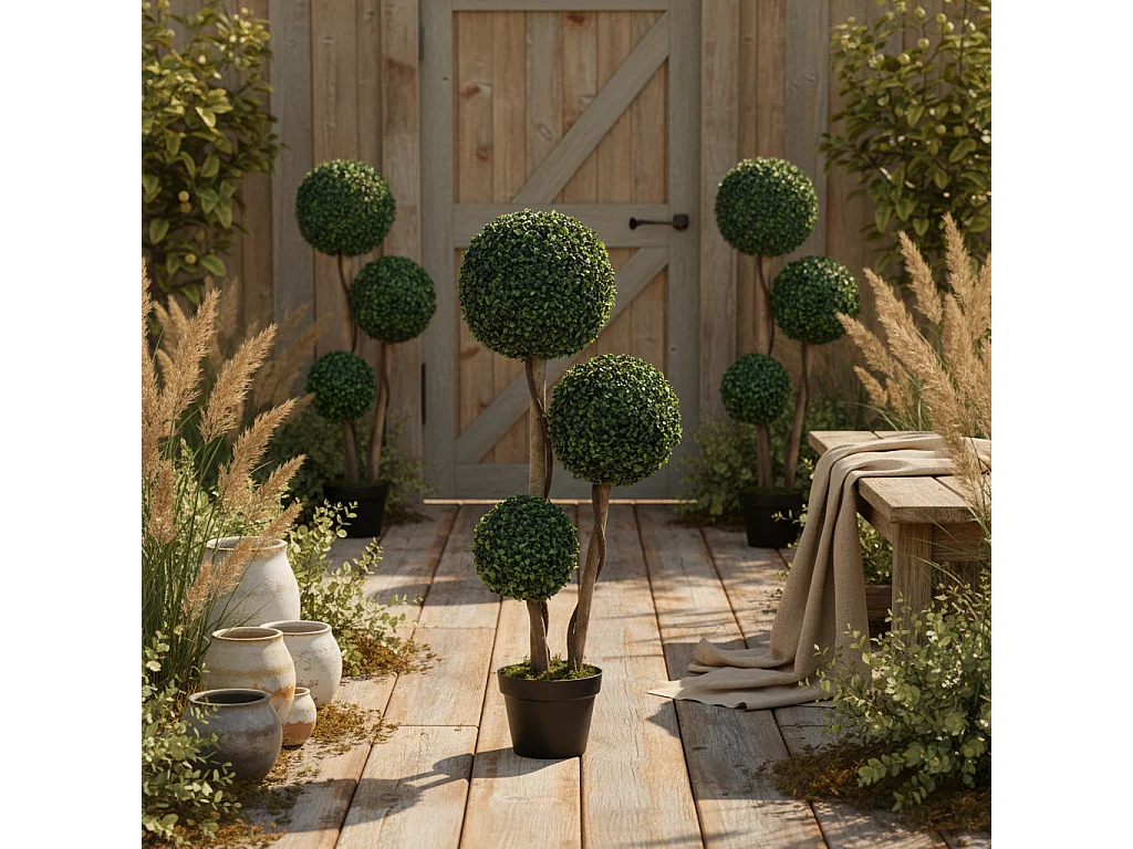 Moneri Dark Green Artificial Boxwood Three Ball Topiary Tree in Weighted Pot 90cm
