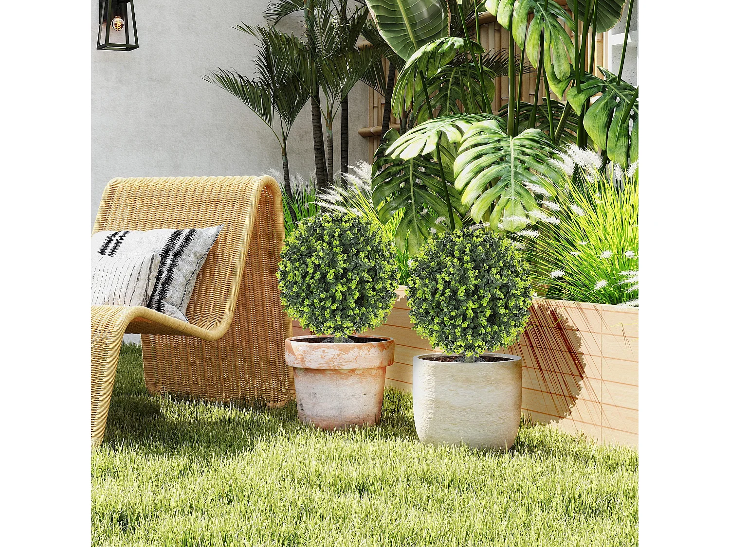 Set of 2 Artificial Boxwood Topiary Balls with Ground Stakes 40cm
